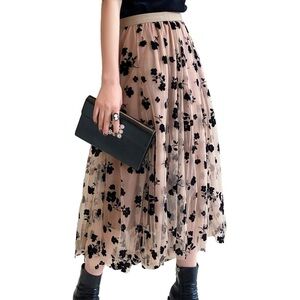 Floral Velvet on Tulle Full Midi Skirt - Rosy Beige with Black Floral. Size S-M